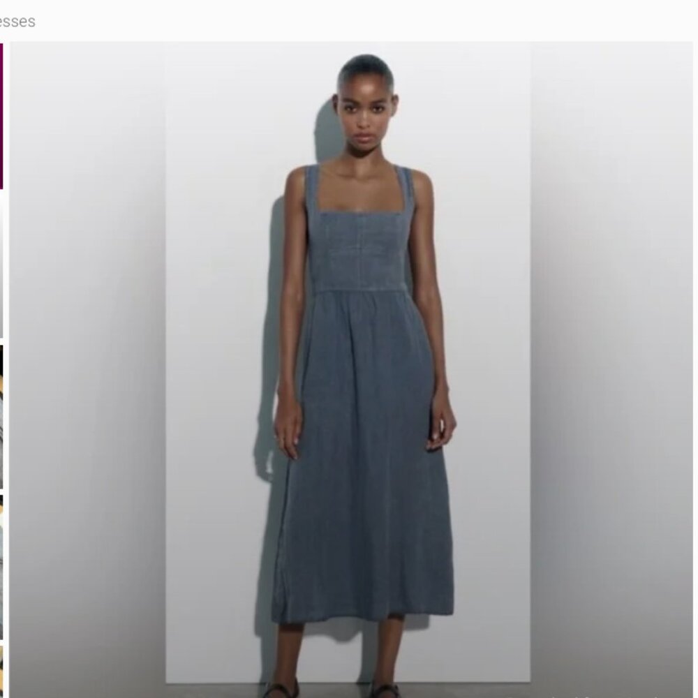 Zara Reformation midi dress 100% linen blue gray S pockets
